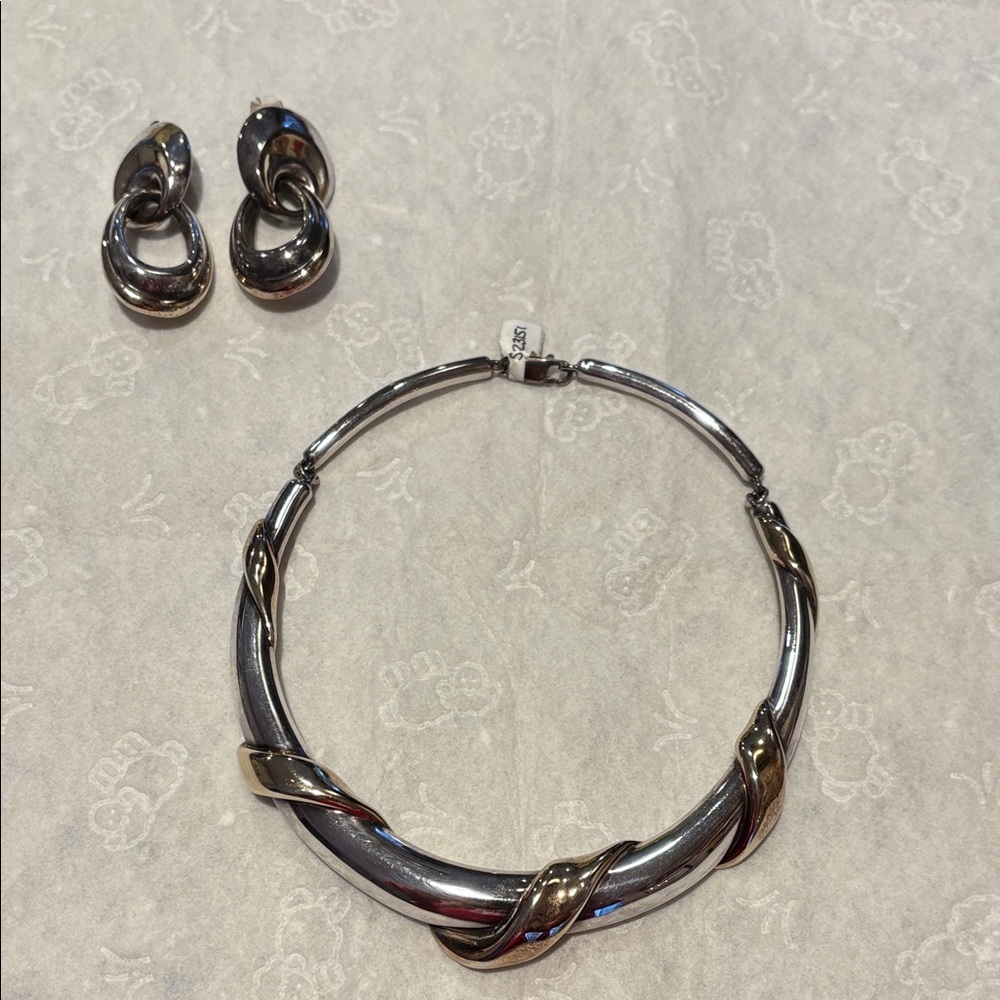 Elegant Sterling Silver and Gold Necklace and Earring Set NWT